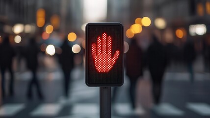 Pedestrian crossing signal showing a red hand to stop, with people waiting to cross the street, pedestrian red signal, safety in traffic