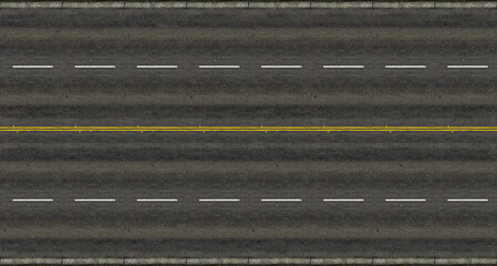 Level asphalted road with two yellow dashed white stripe and pedestrian crossing top view