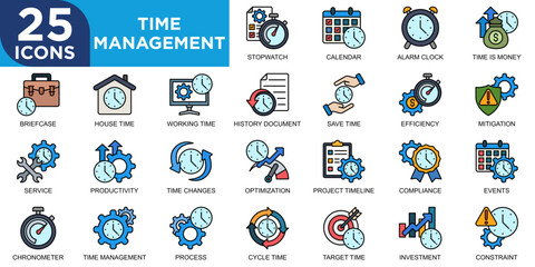 time management, business, time, management, schedule, concept icon set. Outline icons collection. Simple vector illustration	