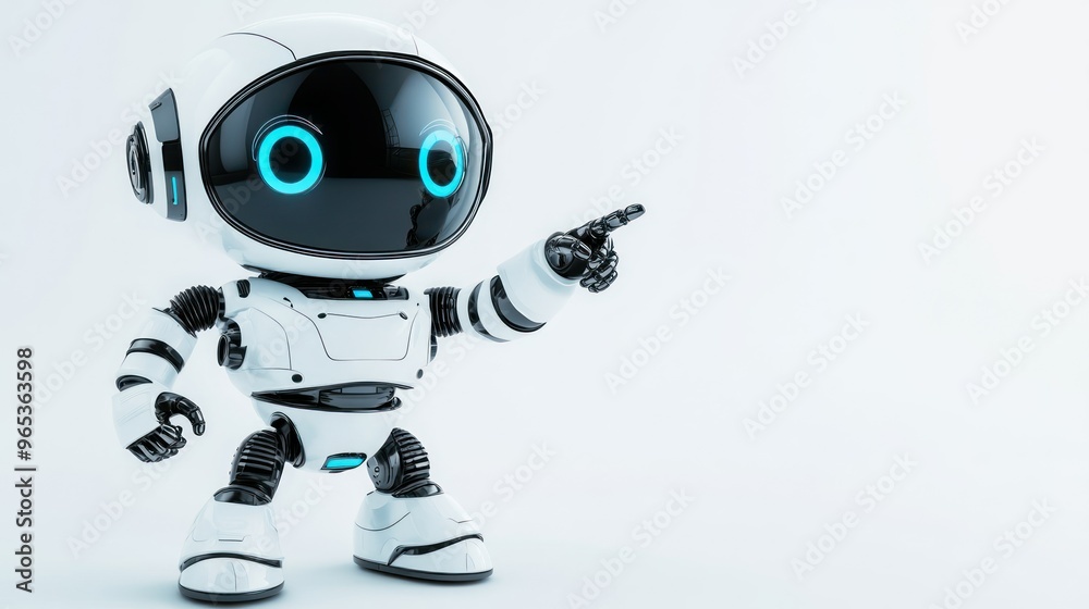 Poster white robot with blue eyes pointing to the right