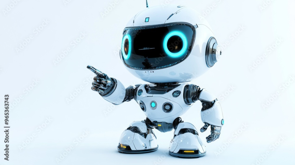 Poster white robot with blue lights pointing with its right hand