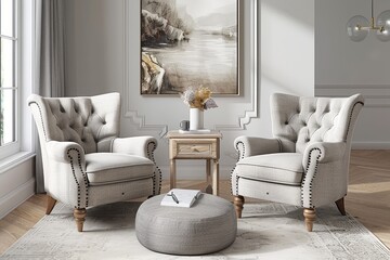 Pair of grey wingback accent chairs with wooden legs and nailhead trim in a light, photorealistic living room setting.