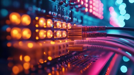 Fototapeta premium Fiber Optic cables connected to an optic ports