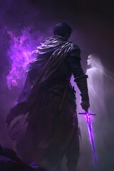 A strong looking mage in his thirties with a short beard, wielding a short sword glowing with dark purple energy