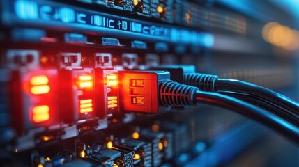 Naklejka premium Fiber Optic cables connected to an optic ports