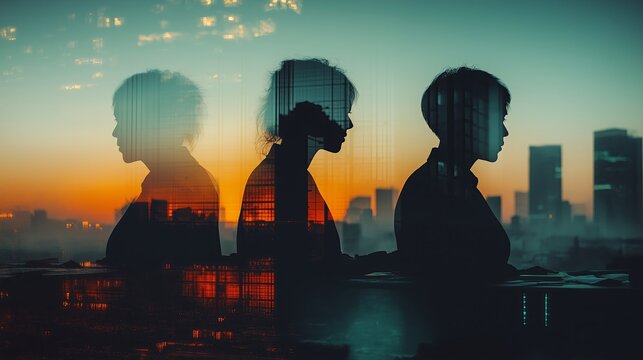 Dynamic double exposure of business people silhouettes overlaid with a vibrant city skyline, illustrating the intersection of corporate ambition and urban growth.