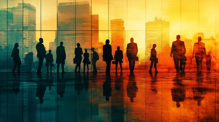 Silhouetted figures walking through a city at dusk, with a glowing orange sky and reflective surfaces