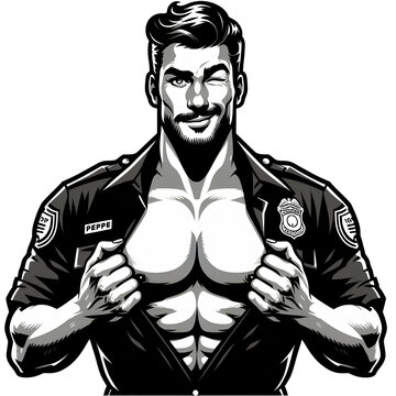 A muscular shirtless policeman winks confidently while opening his uniform shirt, revealing his sculpted abs. The retro vintage-style illustration is done in flat black on a white background