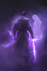 Obraz premium A strong looking mage in his thirties with a short beard, wielding a short sword glowing with dark purple energy