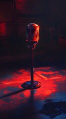 Vintage Microphone on a Stand with Red Lighting in a Dark Room