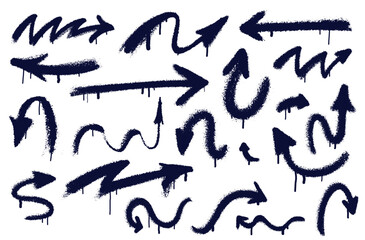 Set of Graffiti arrows with overspray in black over white. Spray graffiti splash arrow. Vector hand writing black stain splash, dirty messy airy ink stroke, circles.