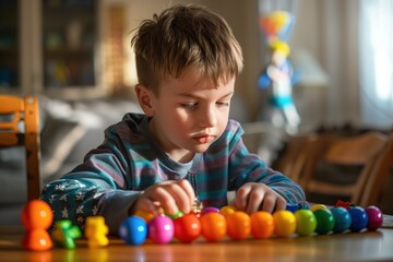 Fototapeta premium Portrait of a child with autism playing with colorful building blocks, deeply focused and happy