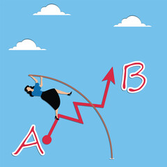 Woman using a pole jumps from A to B