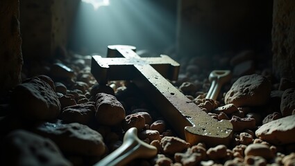 Eerie nickel cross in ancient crypt illuminated by single beam casting shadows on stone walls