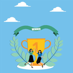 Set of illustrations of random people with winning cups