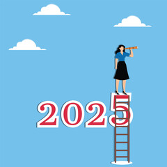 Woman stands at 2025 and looks through binoculars