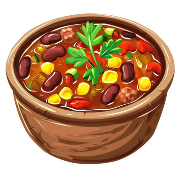 recommend clip art: A bowl of chili with beans, corn, and meat, topped with parsley.