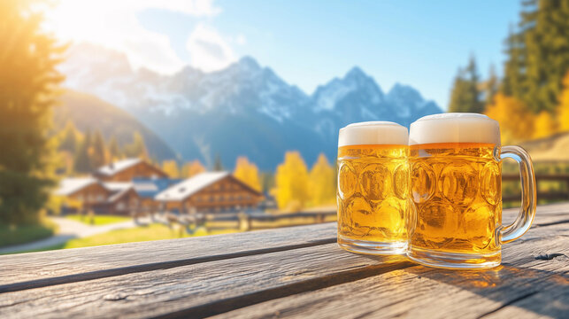 Frisches Bier in den Bergen in Bayern oder &Ouml;sterreich bei Sonne