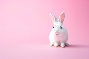 Fototapeta premium Adorable white bunny on a soft pink background, perfect for Easter, springtime, or cute promotions.
