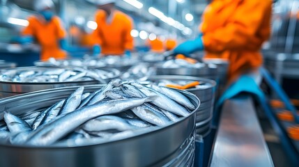 Freshly Canned Fish Awaiting Sealing in Food Processing Plant