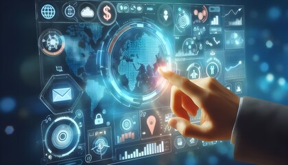 Photo of a virtual financial dashboard with various icons and a hand navigating the screen