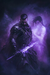 Fototapeta premium A strong looking mage in his thirties with a short beard, wielding a short sword glowing with dark purple energy