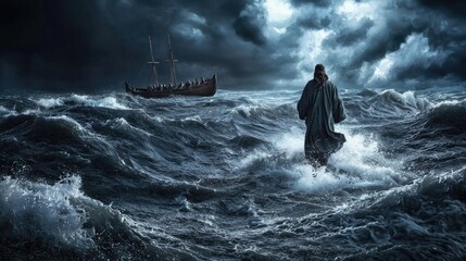 Jesus Christ Walking on Stormy Sea Amid Dramatic Lightning and Waves
