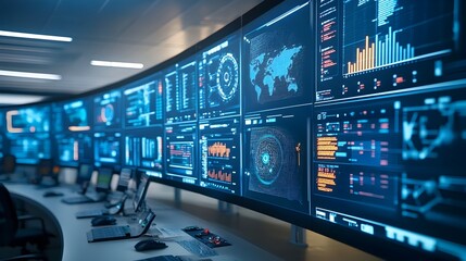 Naklejka premium Futuristic Smart Grid Control Center Monitoring Live Power Data and Distribution