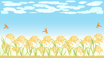 青空と稲・稲穂の秋の背景イラスト　アスペクト比16：9バージョン © Rica Nohara