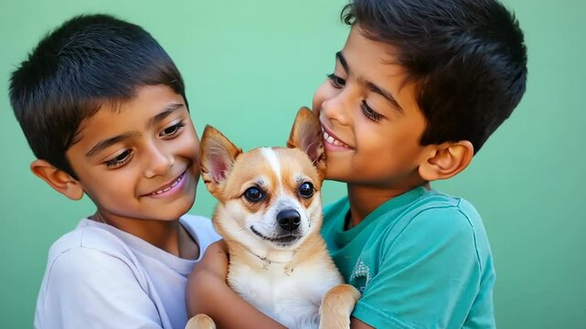Two young boys are holding a small dog. They are smiling and seem happy. The dog is brown and white