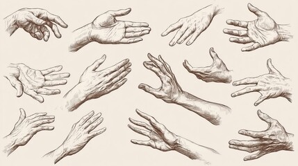 Study of various hand gestures in detailed anatomical illustration