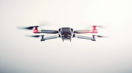 Gray Drone with Red Lights and Camera Hovering in Mid-Air