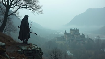 Mysterious ranger on rocky outcrop overlooking medieval village Bow in hand scanning foggy horizon