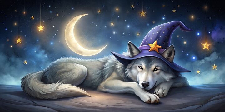 A doole sporting a pointed witch hat snoozes peacefully beneath the silvery glow of the crescent moon, twinkling stars, and a solitary paw extended in slumber.
