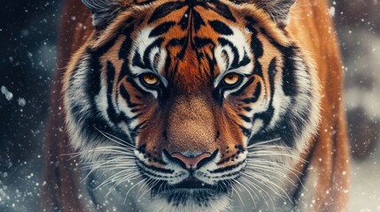 Naklejka premium Close-up of a Tiger's Face in Snowy Weather
