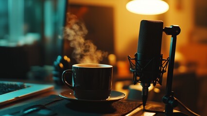 podcasting with a coffee break, close-up of a coffee cup next to a podcast microphone on a desk. the coffee steam are in focus, while the background includes a softly lit ng space