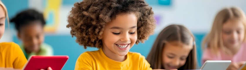 Multicultural Students Working Together with Digital Tablets in Modern Classroom Setting