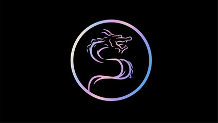Vector illustration of hologram colored dragon with circle