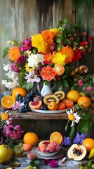 Still Life of Fruit, Flowers, and Grapes on Wooden Shelf