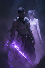 Obraz premium A strong looking mage in his thirties with a short beard, wielding a short sword glowing with dark purple energy