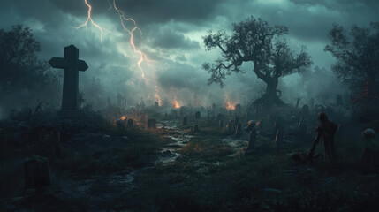 Fototapeta premium A desolate graveyard with zombies rising from their graves, their rotting bodies illuminated by flashes of lightning.