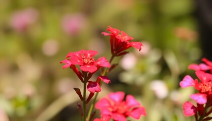Obraz premium Field of vibrant red flowers with a soft, blurred background.