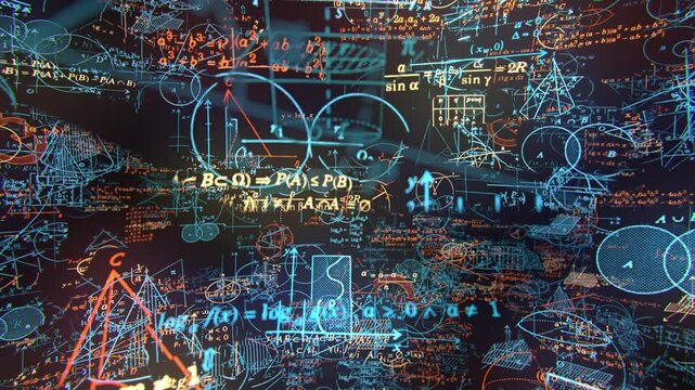 Equations and math symbols hover in space, with the camera weaving through them. The concept emphasizes mathematical intricacies, using shallow depth of field to blur the scene.