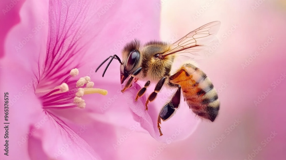 Poster A bee is on a pink flower with purple background, AI