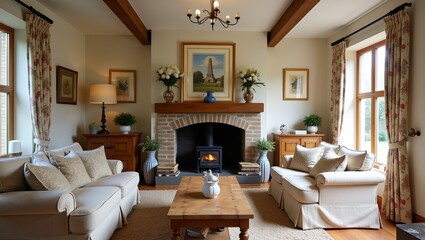 Charming English cottage living room with floral prints fireplace and wooden furniture