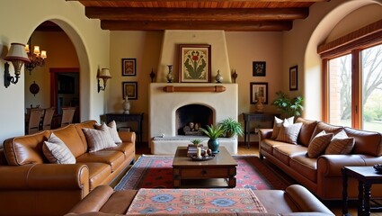 Stylish Southwestern living room with leather furniture and Native American accents