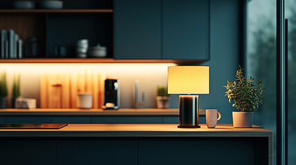 Modern kitchen interior with wooden countertop, illuminated table lamp, potted plant, and coffee mug. Background includes cabinets, open shelves, and kitchen accessories.
