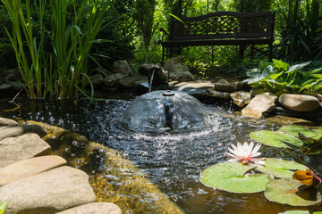 Beautiful small garden pond with two fountains and stone banks. Clear water flows from frog-shaped...