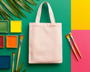 A minimalist tote bag on a colorful backdrop with paint colors and brushes, perfect for art projects and creative storage.