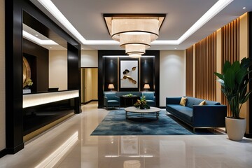 Stylish Hotel Lobby Featuring Modern Reception Desk and Serene Lounge Area for Luxurious Stay and Inviting Entrance